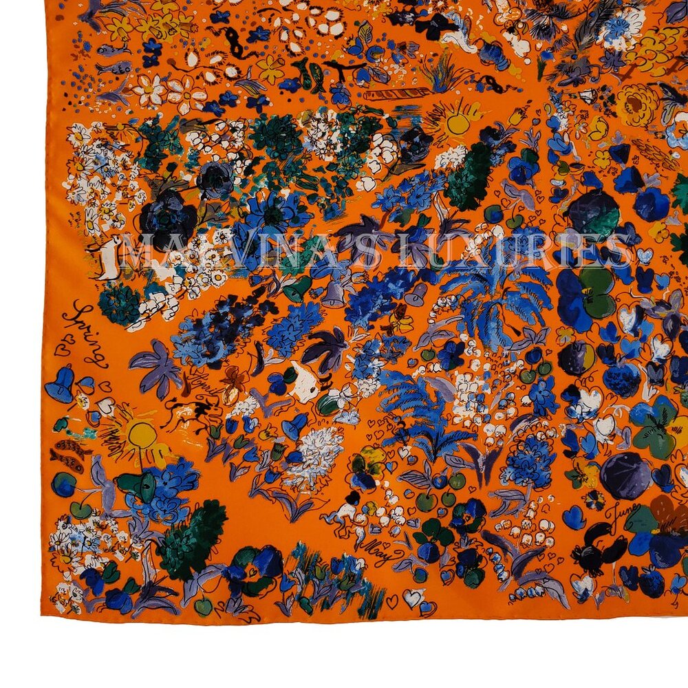 SALVATORE FERRAGAMO SCARF SIGNATURE FLOWER SEASON MULTICOLOR PRINT SILK 35" - Picture 8 of 14